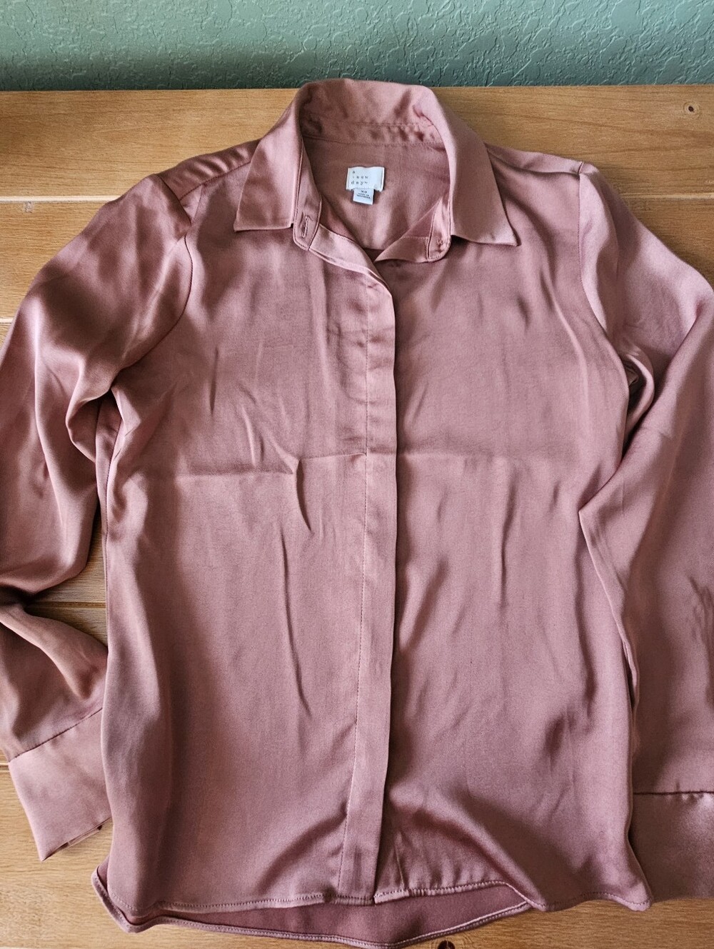 A New Day Satin Long Sleeve Button Down Blouse Mauve Rose XS